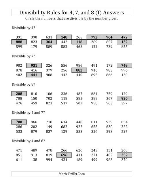 Divisibility Rules for 4, 7 and 8 (3 Digit Numbers) (I)