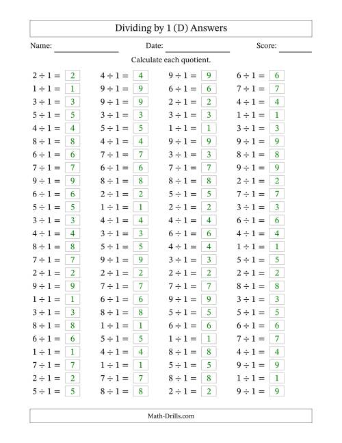 The Horizontally Arranged Dividing by 1 with Quotients 1 to 9 (100 Questions) (D) Math Worksheet Page 2