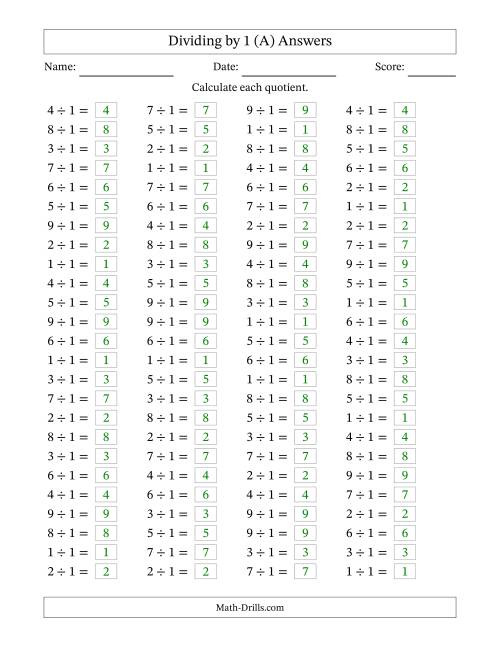 The Horizontally Arranged Dividing by 1 with Quotients 1 to 9 (100 Questions) (All) Math Worksheet Page 2