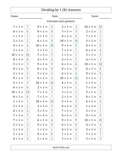 The Horizontally Arranged Dividing by 1 with Quotients 1 to 10 (100 Questions) (B) Math Worksheet Page 2