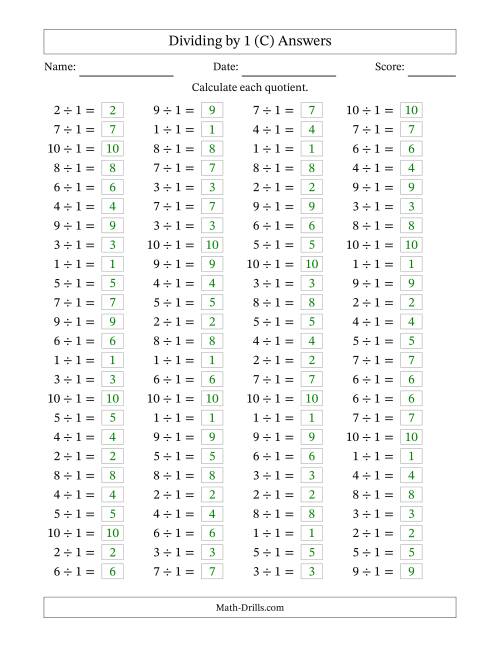 The Horizontally Arranged Dividing by 1 with Quotients 1 to 10 (100 Questions) (C) Math Worksheet Page 2