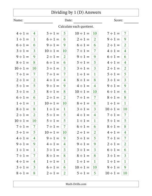 The Horizontally Arranged Dividing by 1 with Quotients 1 to 10 (100 Questions) (D) Math Worksheet Page 2