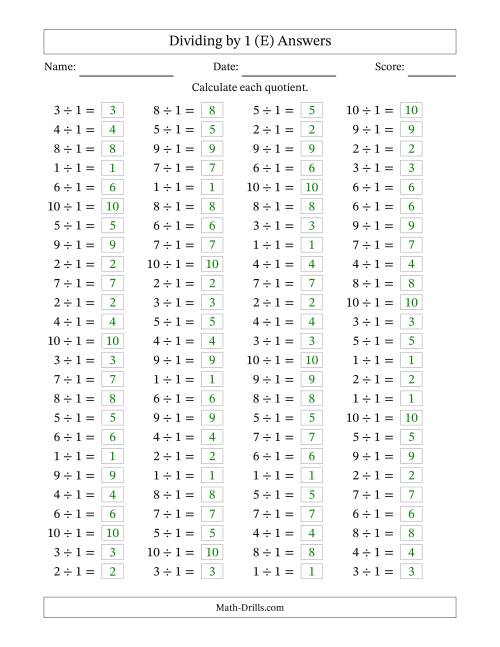 The Horizontally Arranged Dividing by 1 with Quotients 1 to 10 (100 Questions) (E) Math Worksheet Page 2