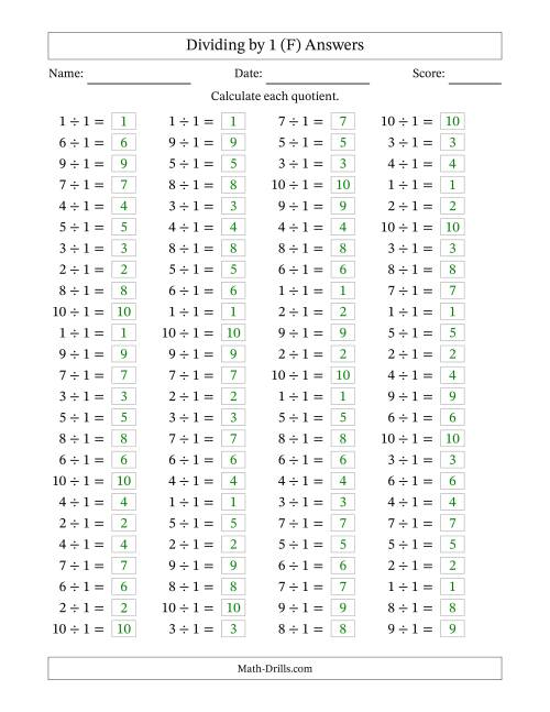 The Horizontally Arranged Dividing by 1 with Quotients 1 to 10 (100 Questions) (F) Math Worksheet Page 2