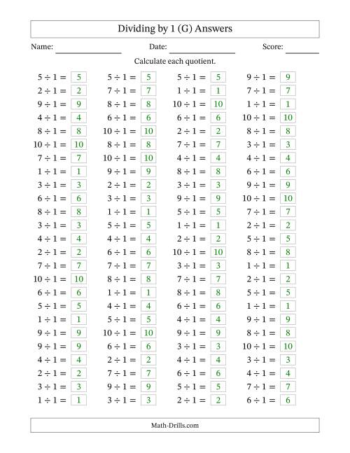 The Horizontally Arranged Dividing by 1 with Quotients 1 to 10 (100 Questions) (G) Math Worksheet Page 2