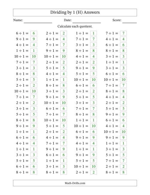 The Horizontally Arranged Dividing by 1 with Quotients 1 to 10 (100 Questions) (H) Math Worksheet Page 2