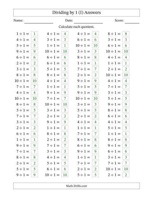 The Horizontally Arranged Dividing by 1 with Quotients 1 to 10 (100 Questions) (I) Math Worksheet Page 2