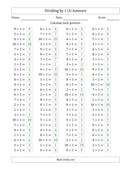 The Horizontally Arranged Dividing by 1 with Quotients 1 to 10 (100 Questions) (J) Math Worksheet Page 2