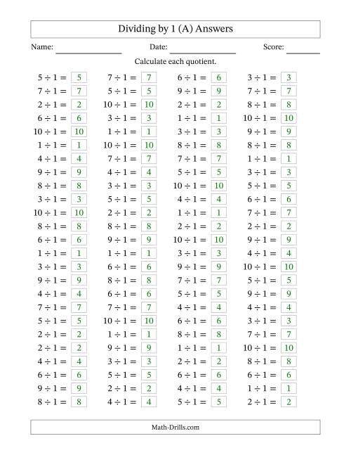 The Horizontally Arranged Dividing by 1 with Quotients 1 to 10 (100 Questions) (All) Math Worksheet Page 2