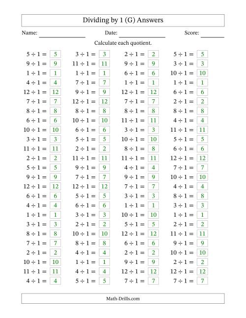 The Horizontally Arranged Dividing by 1 with Quotients 1 to 12 (100 Questions) (G) Math Worksheet Page 2