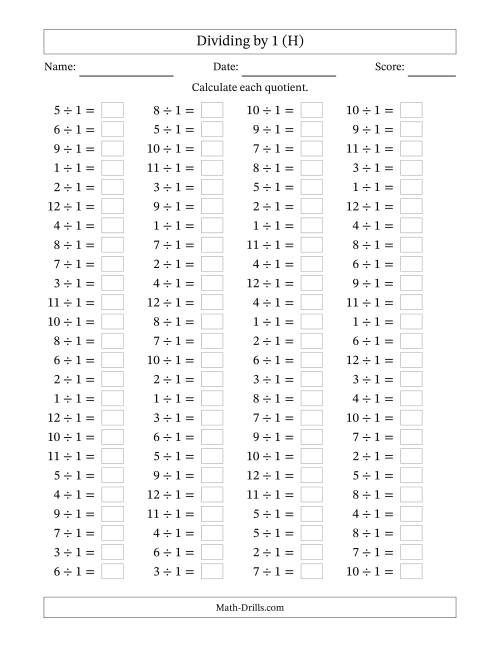 The Horizontally Arranged Dividing by 1 with Quotients 1 to 12 (100 Questions) (H) Math Worksheet
