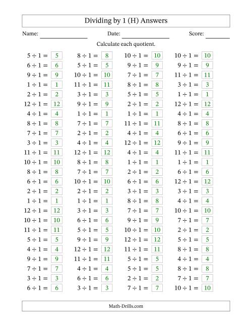 The Horizontally Arranged Dividing by 1 with Quotients 1 to 12 (100 Questions) (H) Math Worksheet Page 2