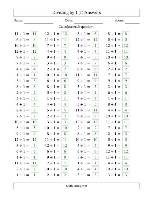 The Horizontally Arranged Dividing by 1 with Quotients 1 to 12 (100 Questions) (I) Math Worksheet Page 2