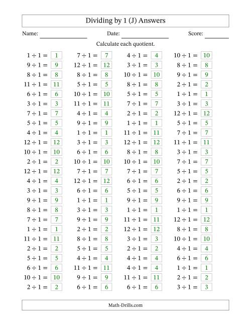 The Horizontally Arranged Dividing by 1 with Quotients 1 to 12 (100 Questions) (J) Math Worksheet Page 2