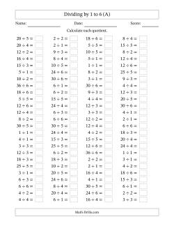 Horizontally Arranged Division Facts with Divisors 1 to 6 and Dividends to 36 (100 Questions)