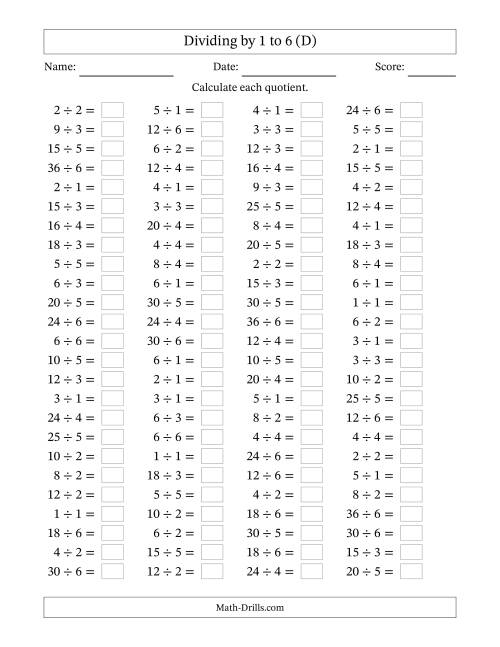 The Horizontally Arranged Division Facts with Divisors 1 to 6 and Dividends to 36 (100 Questions) (D) Math Worksheet