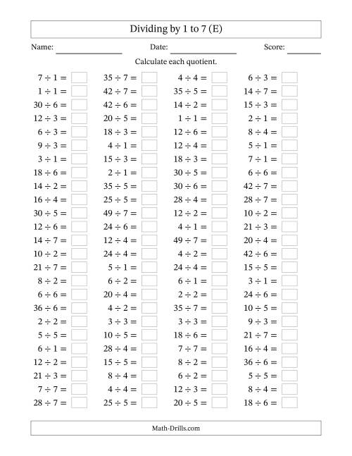 The Horizontally Arranged Division Facts with Divisors 1 to 7 and Dividends to 49 (100 Questions) (E) Math Worksheet