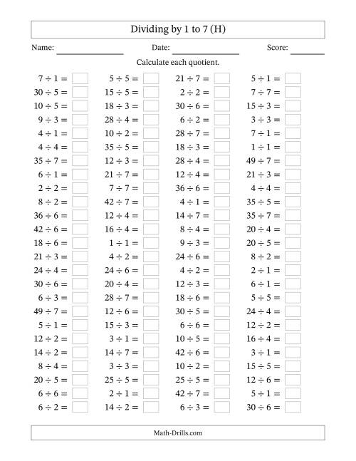 The Horizontally Arranged Division Facts with Divisors 1 to 7 and Dividends to 49 (100 Questions) (H) Math Worksheet