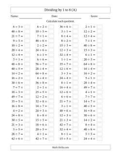 Horizontally Arranged Division Facts with Divisors 1 to 8 and Dividends to 64 (100 Questions)