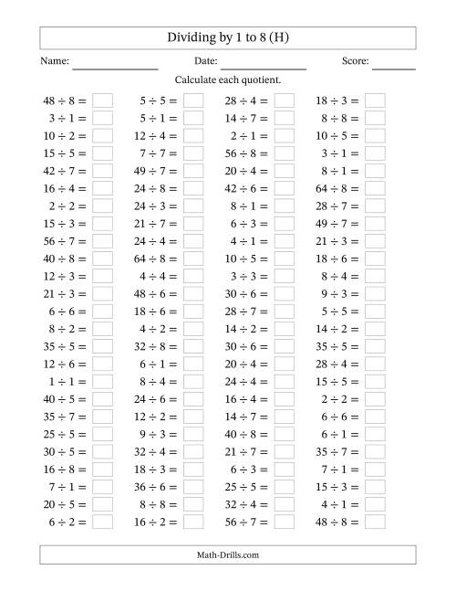 The Horizontally Arranged Division Facts with Divisors 1 to 8 and Dividends to 64 (100 Questions) (H) Math Worksheet