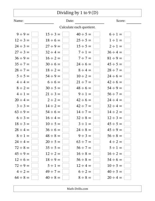 The Horizontally Arranged Division Facts with Divisors 1 to 9 and Dividends to 81 (100 Questions) (D) Math Worksheet
