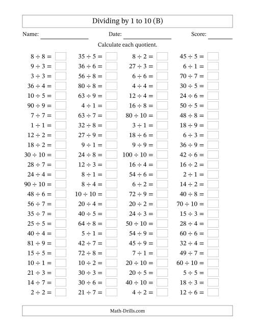 The Horizontally Arranged Division Facts with Divisors 1 to 10 and Dividends to 100 (100 Questions) (B) Math Worksheet