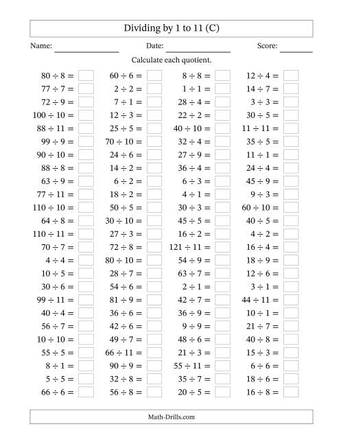 The Horizontally Arranged Division Facts with Divisors 1 to 11 and Dividends to 121 (100 Questions) (C) Math Worksheet