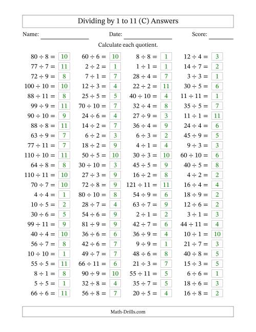 The Horizontally Arranged Division Facts with Divisors 1 to 11 and Dividends to 121 (100 Questions) (C) Math Worksheet Page 2