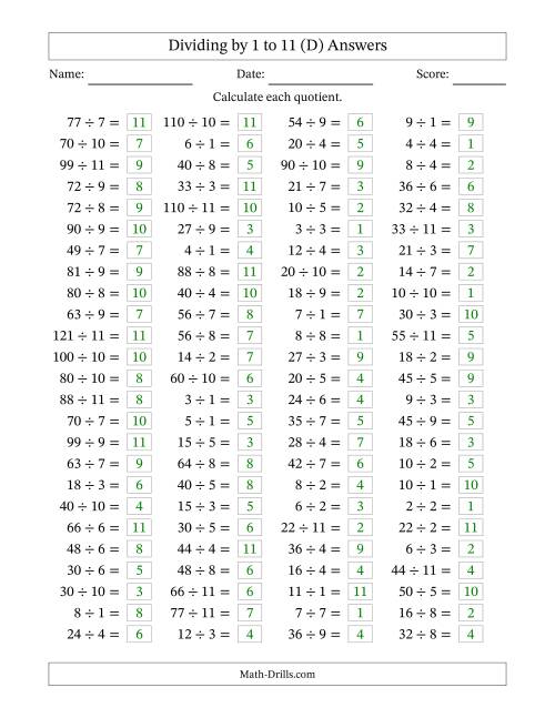 The Horizontally Arranged Division Facts with Divisors 1 to 11 and Dividends to 121 (100 Questions) (D) Math Worksheet Page 2
