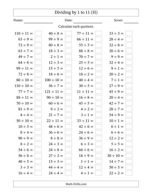 The Horizontally Arranged Division Facts with Divisors 1 to 11 and Dividends to 121 (100 Questions) (H) Math Worksheet