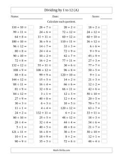 Horizontally Arranged Division Facts with Divisors 1 to 12 and Dividends to 144 (100 Questions)