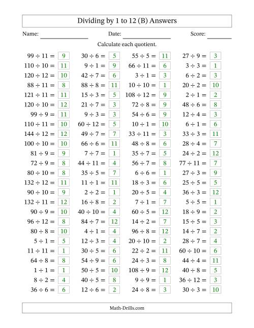 The Horizontally Arranged Division Facts with Divisors 1 to 12 and Dividends to 144 (100 Questions) (B) Math Worksheet Page 2