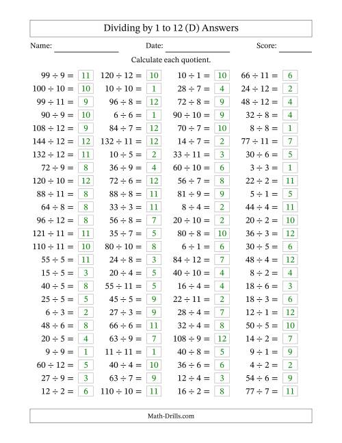 The Horizontally Arranged Division Facts with Divisors 1 to 12 and Dividends to 144 (100 Questions) (D) Math Worksheet Page 2