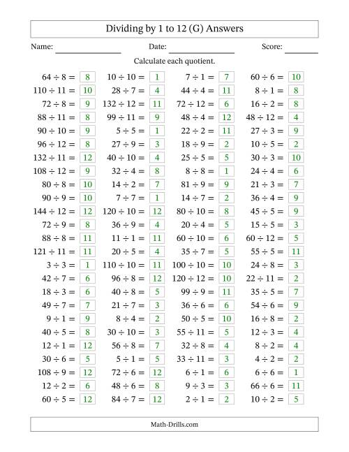 The Horizontally Arranged Division Facts with Divisors 1 to 12 and Dividends to 144 (100 Questions) (G) Math Worksheet Page 2