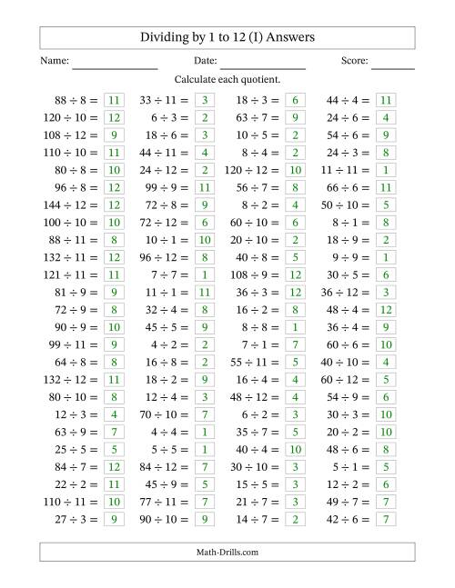 The Horizontally Arranged Division Facts with Divisors 1 to 12 and Dividends to 144 (100 Questions) (I) Math Worksheet Page 2