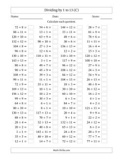 Division Facts to 169 No Zeros (C) Division Worksheet