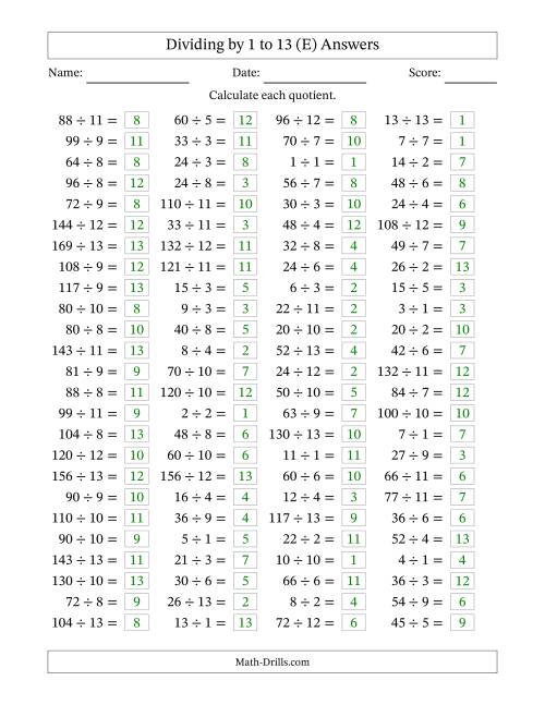The Horizontally Arranged Division Facts with Divisors 1 to 13 and Dividends to 169 (100 Questions) (E) Math Worksheet Page 2