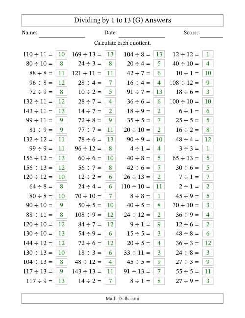 The Horizontally Arranged Division Facts with Divisors 1 to 13 and Dividends to 169 (100 Questions) (G) Math Worksheet Page 2