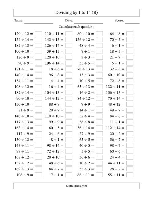 The Horizontally Arranged Division Facts with Divisors 1 to 14 and Dividends to 196 (100 Questions) (B) Math Worksheet