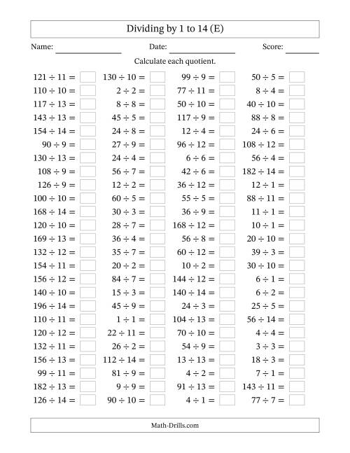 The Horizontally Arranged Division Facts with Divisors 1 to 14 and Dividends to 196 (100 Questions) (E) Math Worksheet
