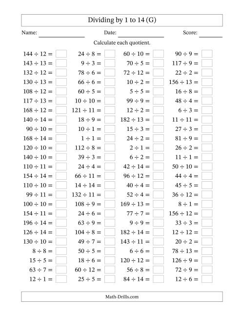 The Horizontally Arranged Division Facts with Divisors 1 to 14 and Dividends to 196 (100 Questions) (G) Math Worksheet