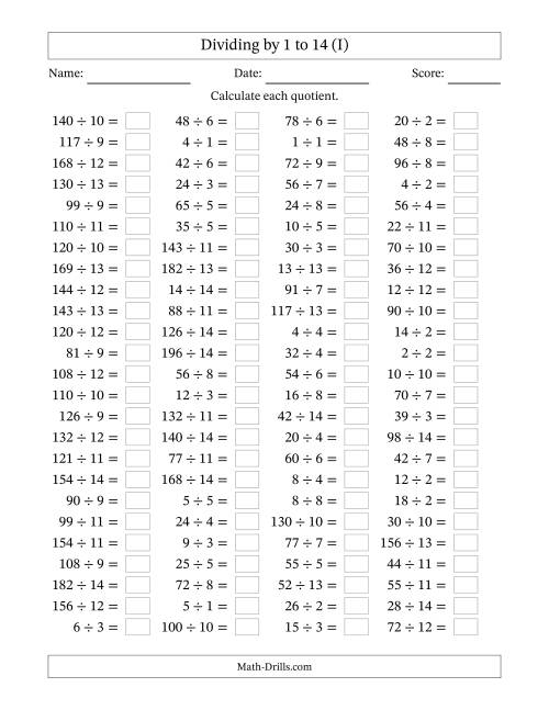 The Horizontally Arranged Division Facts with Divisors 1 to 14 and Dividends to 196 (100 Questions) (I) Math Worksheet