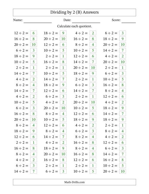 The Horizontally Arranged Dividing by 2 with Quotients 1 to 10 (100 Questions) (B) Math Worksheet Page 2