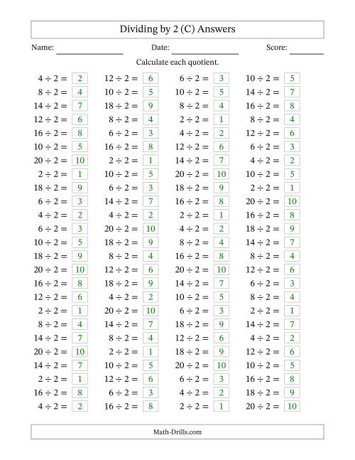 The Horizontally Arranged Dividing by 2 with Quotients 1 to 10 (100 Questions) (C) Math Worksheet Page 2
