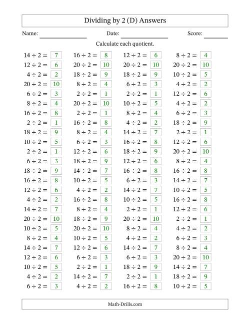 The Horizontally Arranged Dividing by 2 with Quotients 1 to 10 (100 Questions) (D) Math Worksheet Page 2