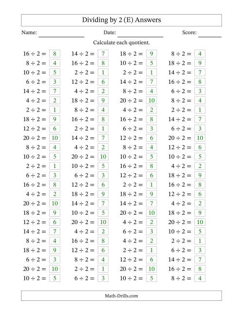 The Horizontally Arranged Dividing by 2 with Quotients 1 to 10 (100 Questions) (E) Math Worksheet Page 2