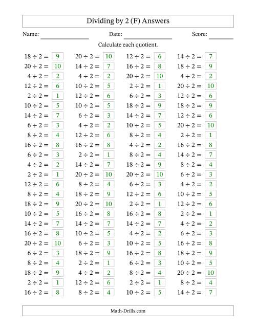 The Horizontally Arranged Dividing by 2 with Quotients 1 to 10 (100 Questions) (F) Math Worksheet Page 2