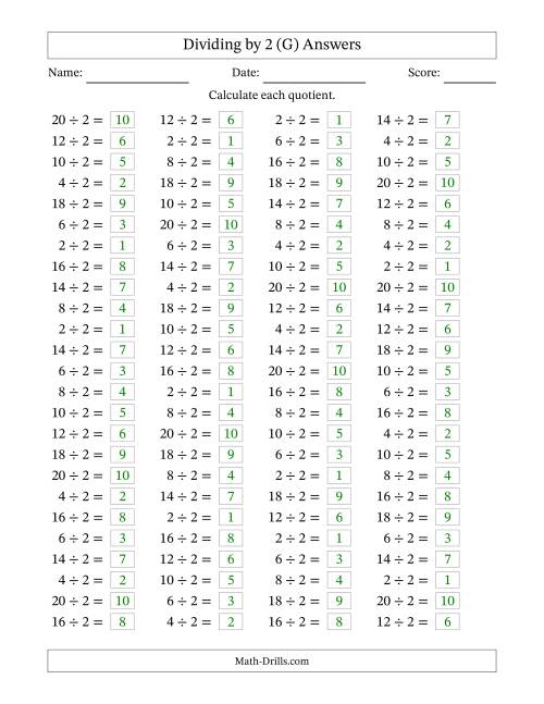 The Horizontally Arranged Dividing by 2 with Quotients 1 to 10 (100 Questions) (G) Math Worksheet Page 2