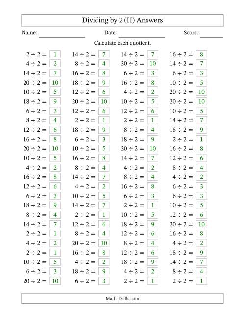 The Horizontally Arranged Dividing by 2 with Quotients 1 to 10 (100 Questions) (H) Math Worksheet Page 2