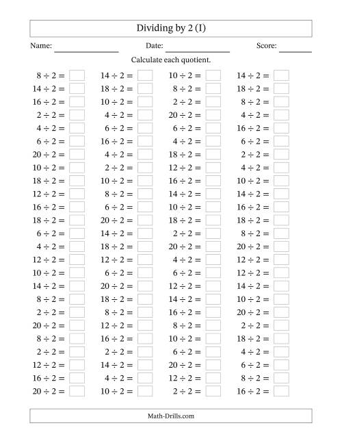 The Horizontally Arranged Dividing by 2 with Quotients 1 to 10 (100 Questions) (I) Math Worksheet